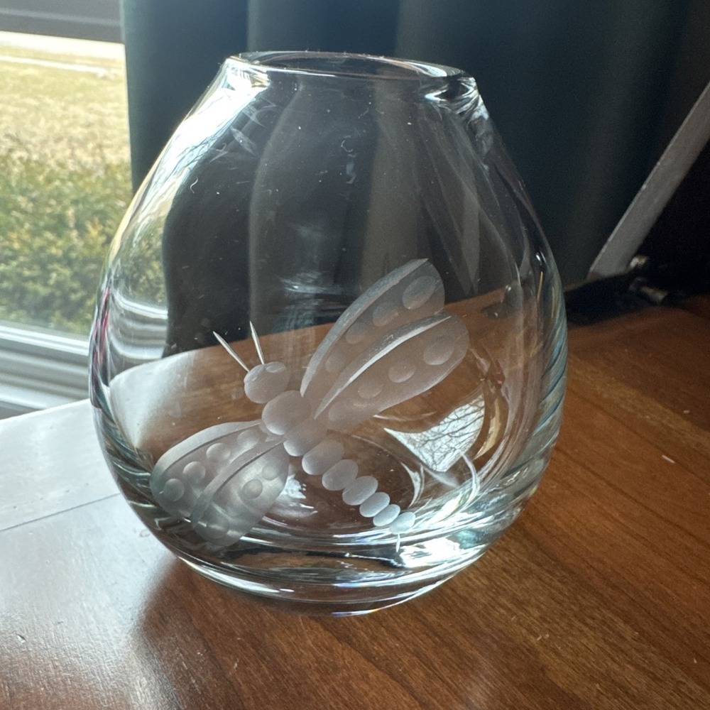 KROSNO Poland Clear Crystal Glass Vase Etched DRAGONFLY for Crate & Barrel 4"